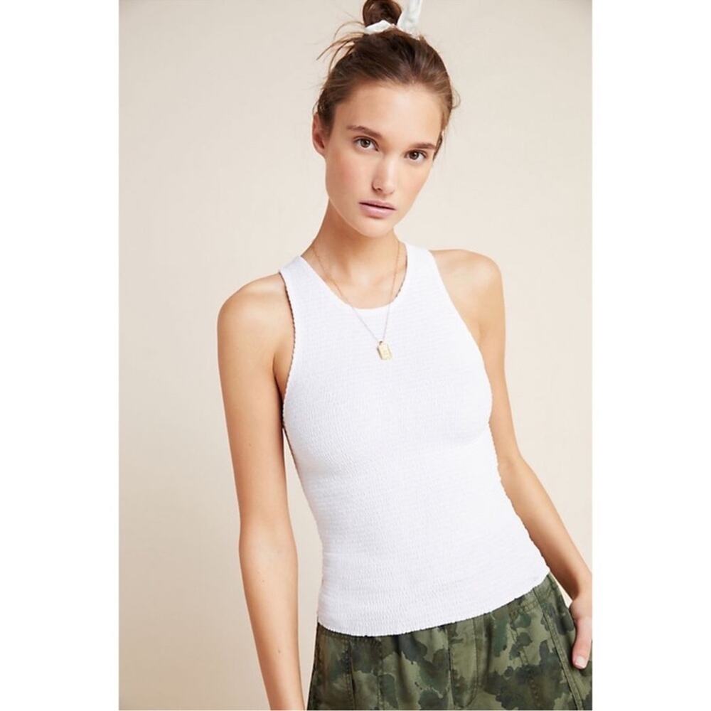 Nation LTD Christine Smocked Tank XS White 100% Pima Cotton Fitted Rib Top